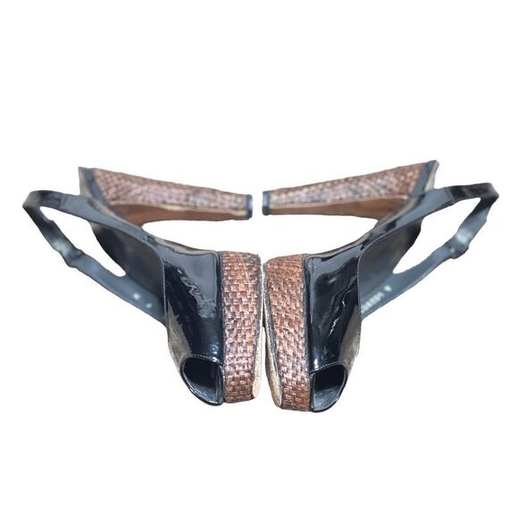 Stuart Weitzman Size 9 Black Patent Leather and Straw Platform Slingback Heels - Picture 3 of 6